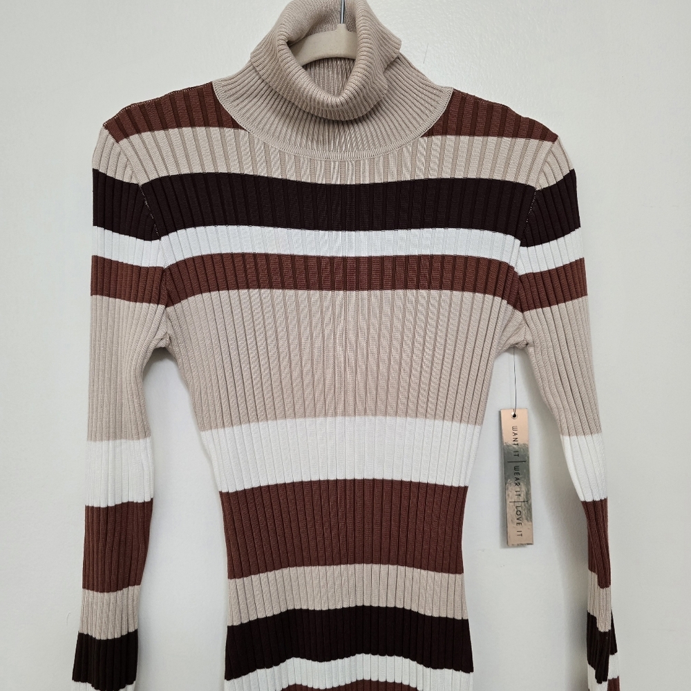 Neutral Tone Striped Ribbed Turtleneck Bodycon Dress Size M - Picture 4 of 11
